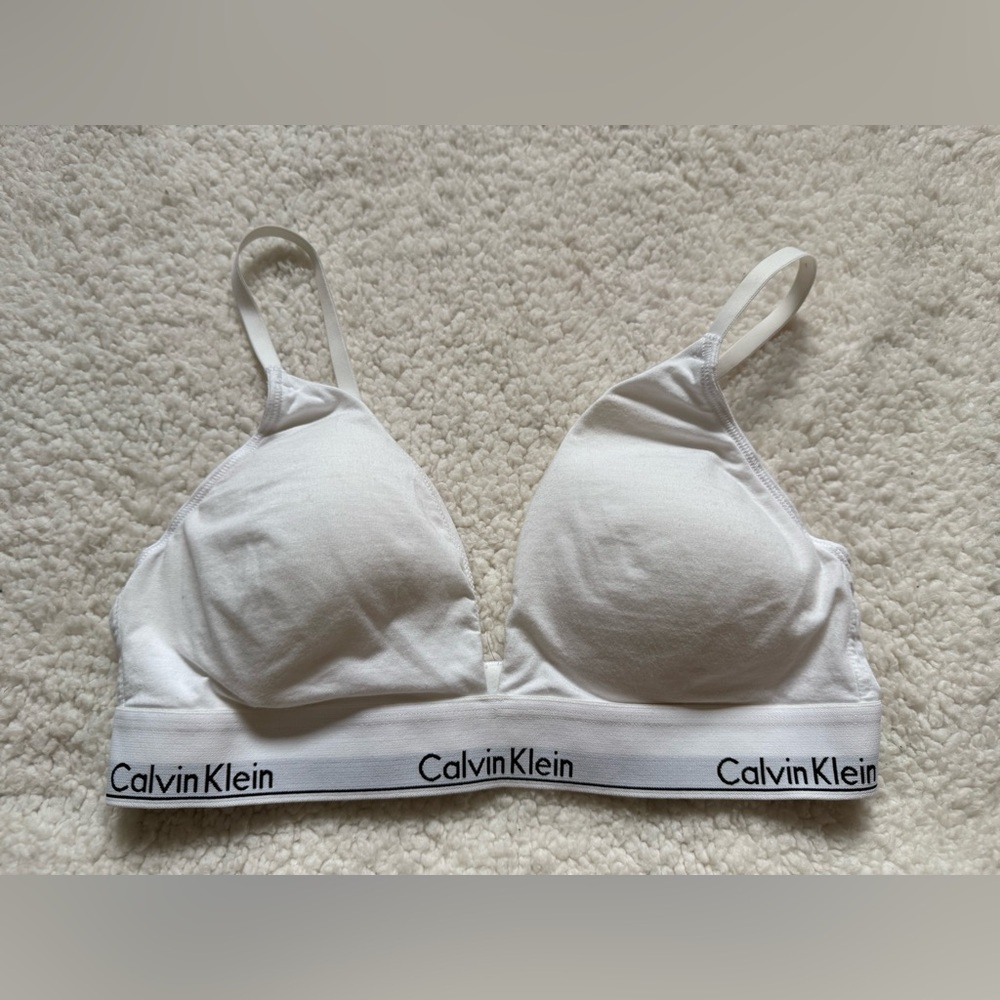 Calvin Klein White Bralette Bra Size Large Wireless Stretch Comfort Logo Womens!